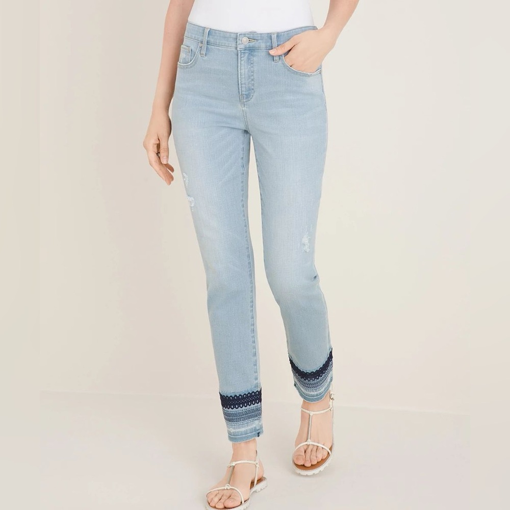 Chico’s So Slimming Girlfriend Slim Leg Ankle Jeans with Embroidered Hem